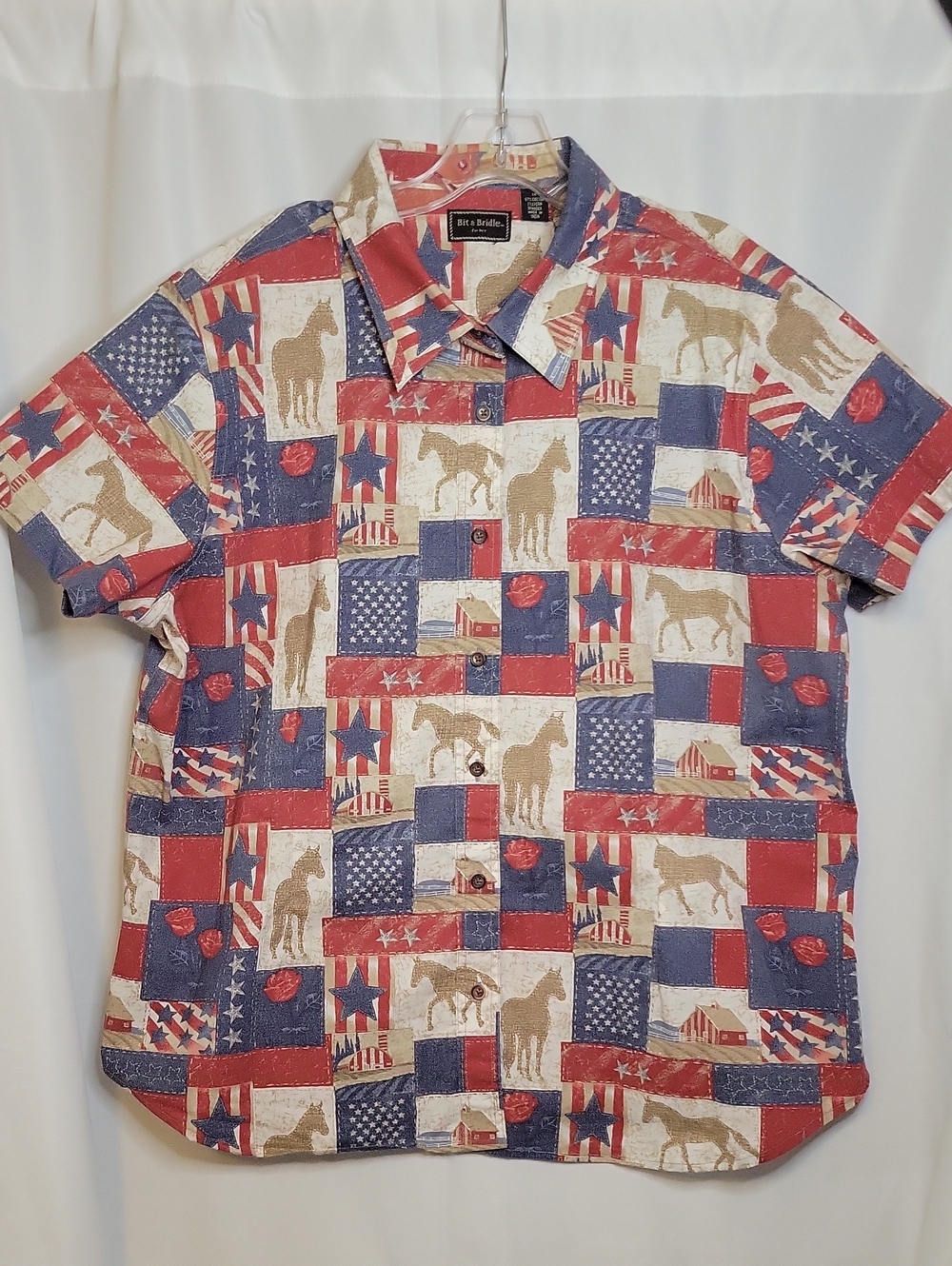 Bit & Bridle Short-Sleeve Button-Down Shirt - Red, Blue & Cream Patchwork